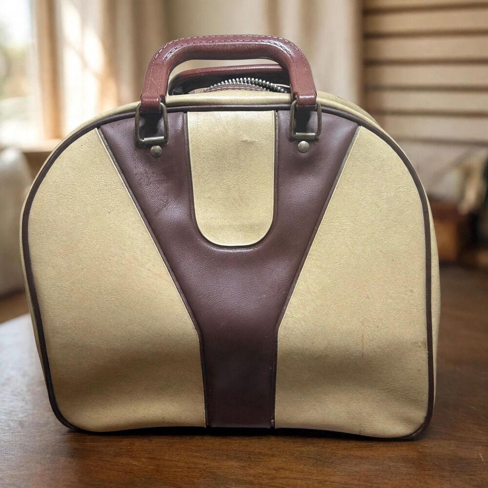 VTG Bowling Ball Bag Two Tone Tan Brown Vinyl Retro Sport Carry Tote